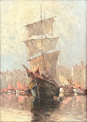 painting of a boat in a harbor with a city in the background