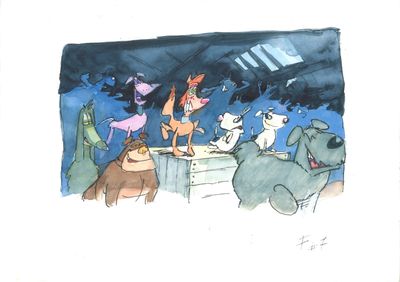 a drawing of a group of animals on a stage