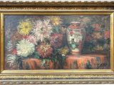 a painting of flowers in a vase on a table