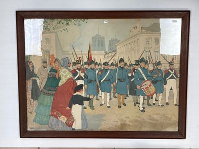une peinture accrochée au mur d'un immeuble, représentant un groupe de personnes