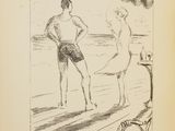 un dessin représentant un homme et une femme debout sur la plage
