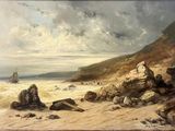 a painting of a beach scene with rocks and a boat in the water