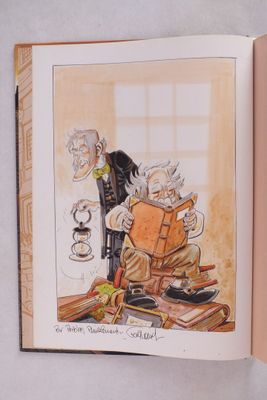 un livre ouvert sur lequel figure le dessin d'un homme et d'une femme assis sur une pile de livres