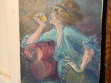 un tableau représentant une femme assise sur une chaise à côté d'un tableau représentant une femme