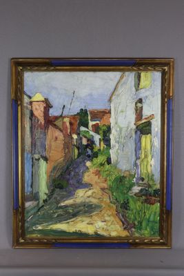 an image of a painting of a narrow street in a village
