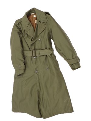 an image of a green trench coat is shown on a white background