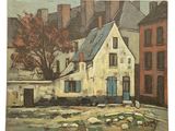 une peinture à l'huile représentant une maison blanche au toit bleu