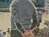 a painting of a man standing in front of a boat