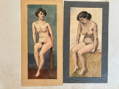 painting of two female nudes sitting on a chair in front of a white wall