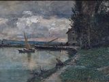 a painting of a boat on the water with a sky background
