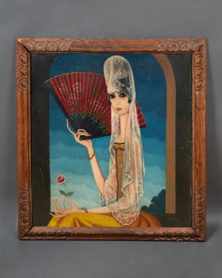 tableau représentant une femme tenant un éventail et une rose à la main