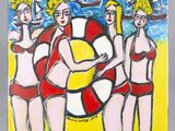 tableau représentant trois femmes en maillot de bain tenant une bouée de sauvetage