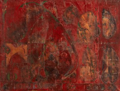 une image représentant un tableau où figurent un homme et une femme sur fond rouge