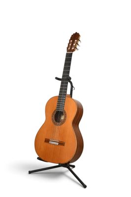 une guitare acoustique posée sur un support, sur fond blanc