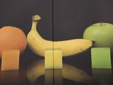 a picture of a banana, orange, and apple on a table