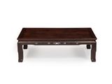 a wooden coffee table with a drawer on top of it
