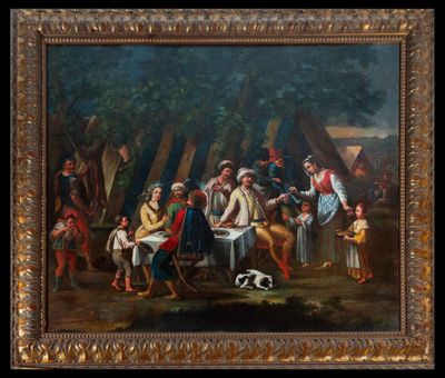 une peinture à l'huile représentant un groupe de personnes assises autour d'une table