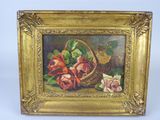 tableau représentant un panier de roses posé sur une table, sur fond blanc