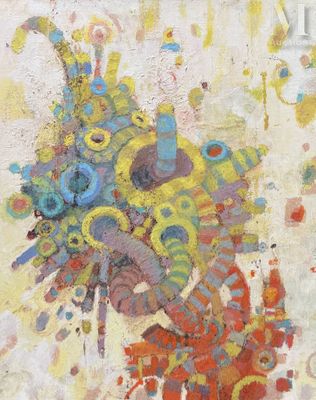 une peinture à l'huile représentant un vase rempli de fleurs colorées posé sur une table