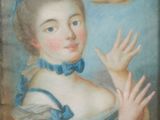 an old painting of a woman with a bird in her hand