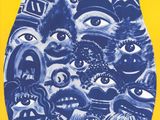 un vase bleu rempli d'une multitude d'yeux de toutes sortes