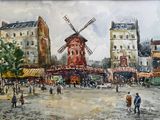 a painting of a windmill in the middle of a city