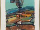 an oil painting of a windmill in a field with hills in the background