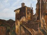 painting of an old building with a bridge going over it