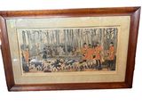 painting of a hunting scene with hunters and dogs in a wooded area