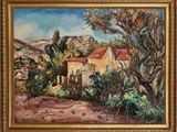 an oil painting of a house and trees in a landscape
