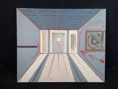 une image représentant une peinture d'un couloir avec une horloge accrochée au mur