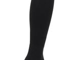 a pair of black knee socks with a white logo on the bottom