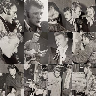 photo en noir et blanc représentant un collage de photos d'hommes chantant et jouant d'un instrument