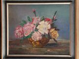 tableau représentant des roses dans un panier posé sur une table