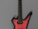 un gros plan d'une guitare électrique rouge sur fond gris