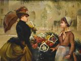 a painting of two women standing in front of a flower stand