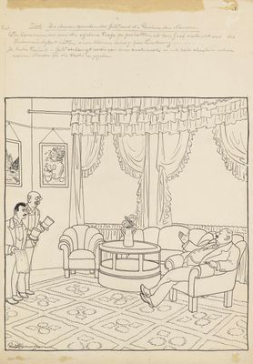 dessin représentant un homme dans un salon, en compagnie d'une femme assise sur un canapé