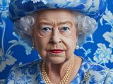 an older woman wearing a blue and white dress and a blue hat