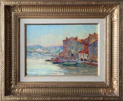 an oil painting of a harbor scene with boats in the water