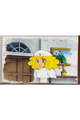 dessin représentant une femme aux cheveux blonds, coiffée d'un bonnet de marin, debout devant une porte