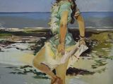 an oil painting of a woman walking on a beach near the ocean