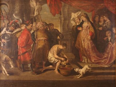 painting of a group of people and a dog in a room
