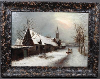 tableau représentant un paysage hivernal avec une église en arrière-plan