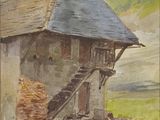 une image représentant un tableau d'un petit bâtiment situé sur une colline
