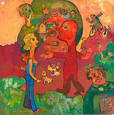 a painting of a man and a woman standing in front of a tree