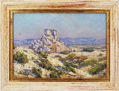 un tableau représentant un paysage de montagne avec un château au loin