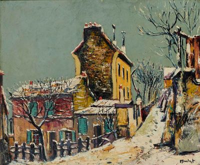 une peinture à l'huile représentant une rue enneigée avec des bâtiments et des arbres