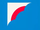 an image of a red and white logo on a blue background