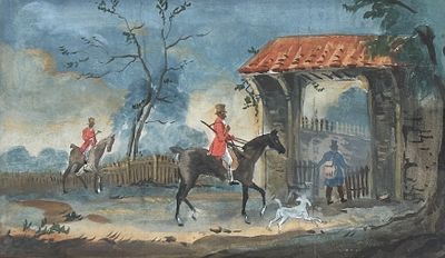 a painting of a man riding a horse with two dogs