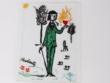 a drawing of a man in a green suit holding a broom and a fire